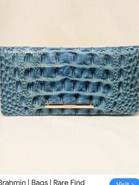 Brahmin Teal Croc-Embossed Leather Clutch Wallet with Gold Accent
